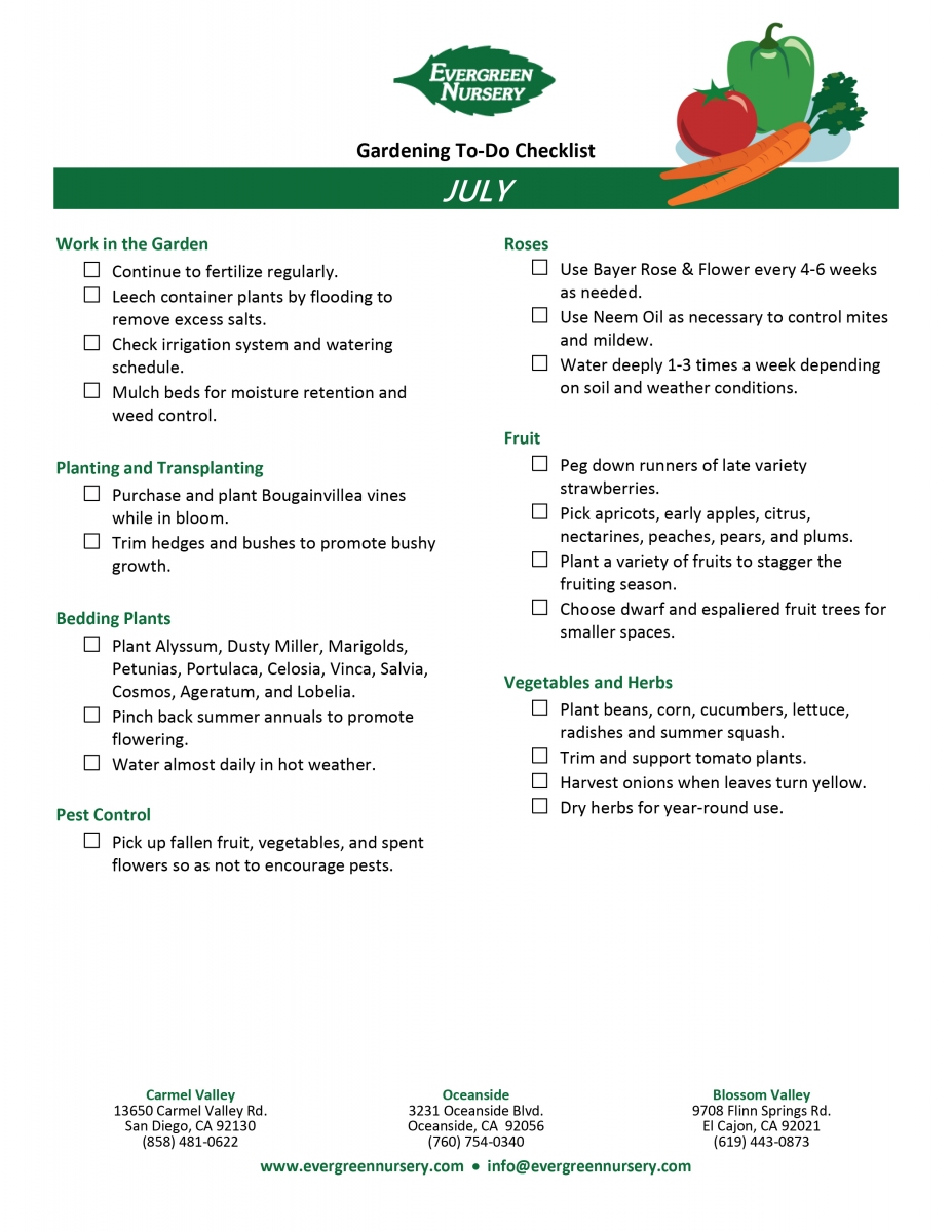 Gardening ToDo Checklist by Month Evergreen Nursery